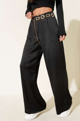 Zincir Kemerli Kırışık Saten Pantolon Siyah - QUZU