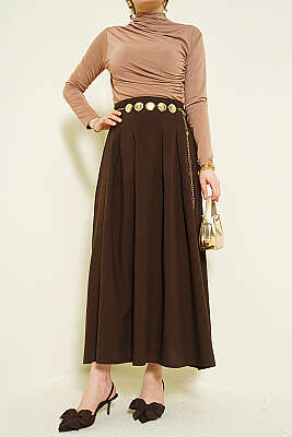 Zincir Kemerli Pileli Etek Kahve - WENNA DESIGN