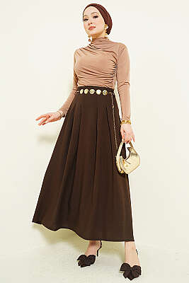 Zincir Kemerli Pileli Etek Kahve - Etek