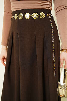 Zincir Kemerli Pileli Etek Kahve - Etek