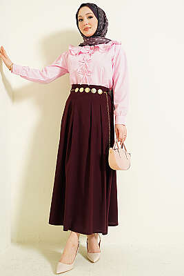 Zincir Kemerli Pileli Etek Mürdüm - Etek