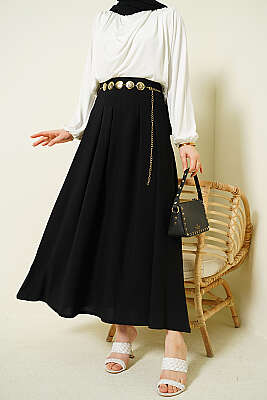 Zincir Kemerli Pileli Etek Siyah - WENNA DESIGN