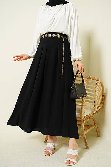 Zincir Kemerli Pileli Etek Siyah - Etek