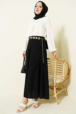 Zincir Kemerli Pileli Etek Siyah - Etek