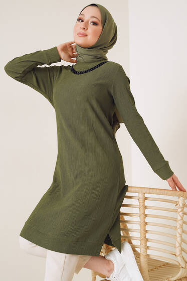 Zincir Kolyeli Bürümcük Tunik Haki - Tunik
