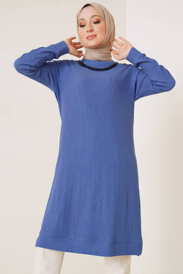 Zincir Kolyeli Bürümcük Tunik İndigo - Tunik