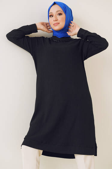 Zincir Kolyeli Bürümcük Tunik Siyah - Tunik