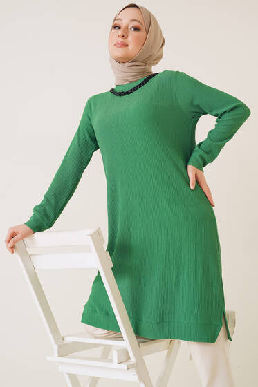 Zincir Kolyeli Bürümcük Tunik Yeşil - Tunik