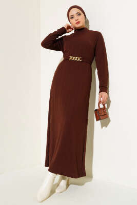 Zincir Kuşaklı Fitilli Elbise Acı Kahve 