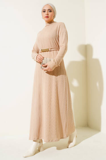 Zincir Kuşaklı Fitilli Elbise Bej - Elbise