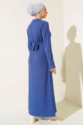 Zincir Kuşaklı Fitilli Elbise İndigo - Tesettür Elbise