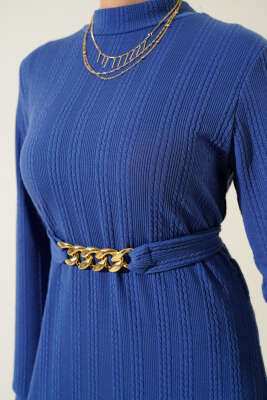 Zincir Kuşaklı Fitilli Elbise İndigo - Tesettür Elbise