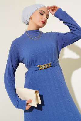 Zincir Kuşaklı Fitilli Elbise İndigo - Tesettür Elbise