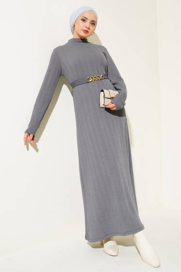 Zincir Kuşaklı Fitilli Elbise Kayrak Grisi - Elbise