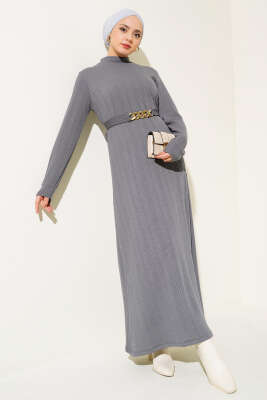 Zincir Kuşaklı Fitilli Elbise Kayrak Grisi 