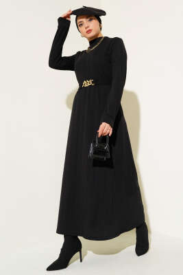 Zincir Kuşaklı Fitilli Elbise Siyah - TEGOE