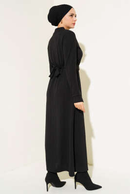 Zincir Kuşaklı Fitilli Elbise Siyah - Tesettür Elbise