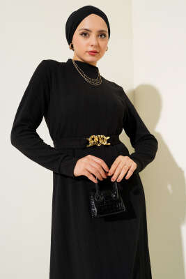 Zincir Kuşaklı Fitilli Elbise Siyah - Tesettür Elbise