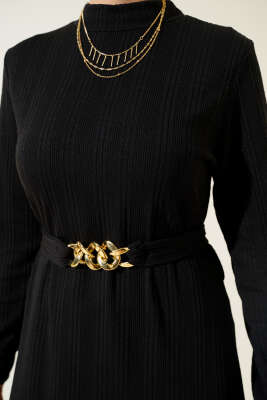 Zincir Kuşaklı Fitilli Elbise Siyah - Tesettür Elbise