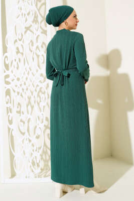 Zincir Kuşaklı Fitilli Elbise Zümrüt - Tesettür Elbise