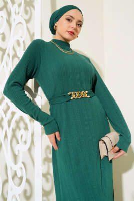 Zincir Kuşaklı Fitilli Elbise Zümrüt - Tesettür Elbise