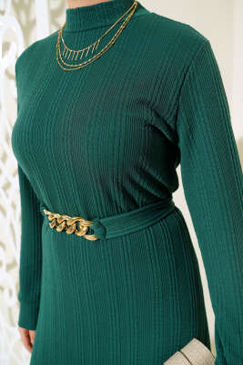 Zincir Kuşaklı Fitilli Elbise Zümrüt - Tesettür Elbise
