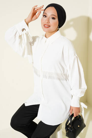 Zincir Püsküllü Bilek Bağcıklı Gömlek Beyaz - Gömlek