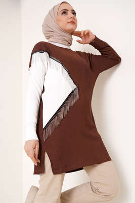 Zincir Püsküllü Bürümcük Tunik Kahve 