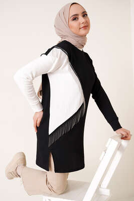 Zincir Püsküllü Bürümcük Tunik Siyah - Tunik