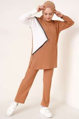 Zincir Püsküllü Garnili Bürümcük İkili Takım Camel 