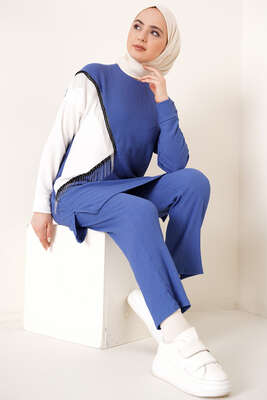 Zincir Püsküllü Garnili Bürümcük İkili Takım İndigo - NEVA MODA