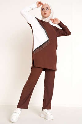 Zincir Püsküllü Garnili Bürümcük İkili Takım Kahve 