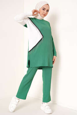 Zincir Püsküllü Garnili Bürümcük İkili Takım Yeşil - NEVA MODA