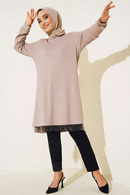 Zincir Püsküllü Uzun Tunik Bej 