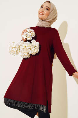 Zincir Püsküllü Uzun Tunik Bordo 