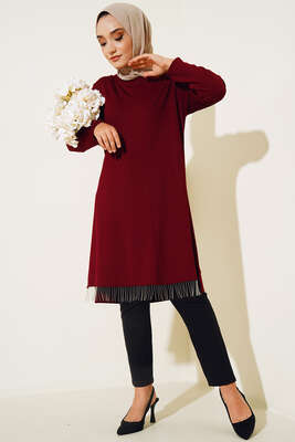 Zincir Püsküllü Uzun Tunik Bordo - Tunik