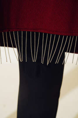 Zincir Püsküllü Uzun Tunik Bordo - Tunik