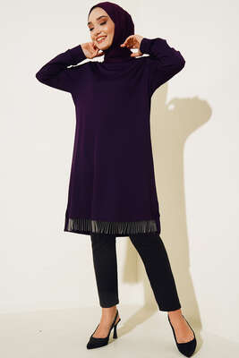 Zincir Püsküllü Uzun Tunik Mor - Tunik