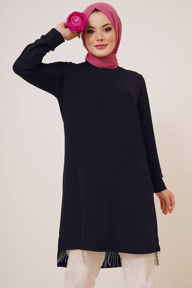 Zincir Püsküllü Uzun Tunik Siyah - Tunik