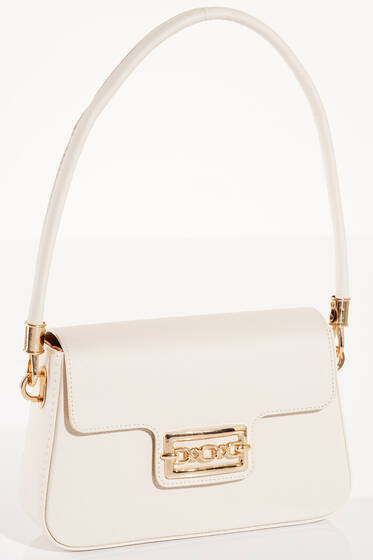 Zincir Tokalı Kapaklı Omuz Çanta Bej - Kol Çantası