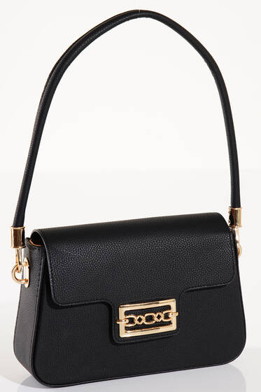 Zincir Tokalı Kapaklı Omuz Çanta Siyah Gümüş - Kol Çantası