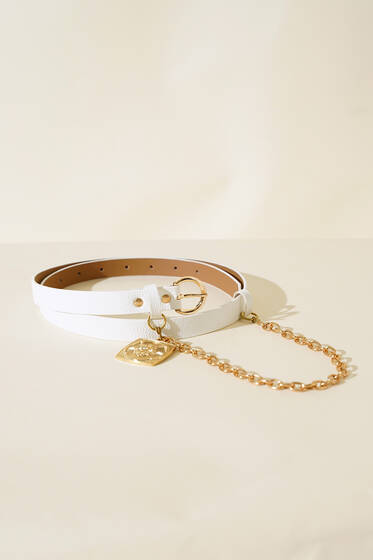 Zincir Tokalı Kemer Beyaz - Deri Kemer