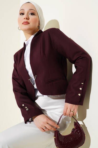 Zincirli Çengel İğneli Kısa Ceket Bordo - Ceket