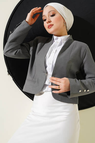 Zincirli Çengel İğneli Kısa Ceket Gri - Ceket