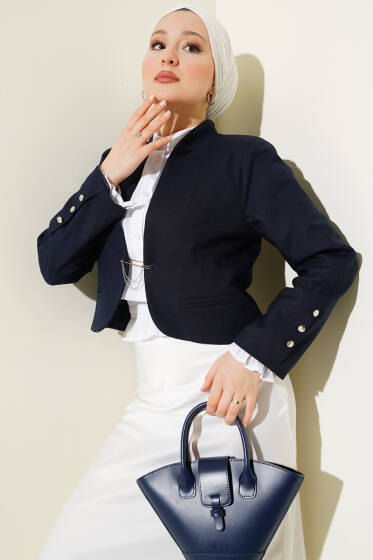 Zincirli Çengel İğneli Kısa Ceket Lacivert - Ceket