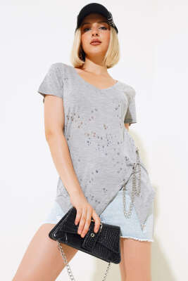 Zincirli Kesik T-shirt Gri - TOP SHOW