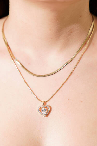 Zirkon Taşlı Damla Detaylı Kalp Figürlü Kolye Gold - Yılın Fırsatı