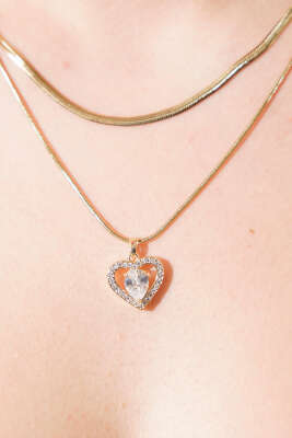 Zirkon Taşlı Damla Detaylı Kalp Figürlü Kolye Gold - Yılın Fırsatı