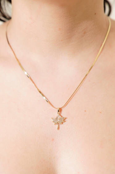 Zirkon Taşlı Işıltılı Yaprak Figürlü Kolye Gold - Kolye