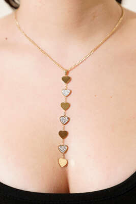 Zirkon Taşlı Sallantılı Kalp Zincir Kolye Gold - DEMİR BİJUTERİ